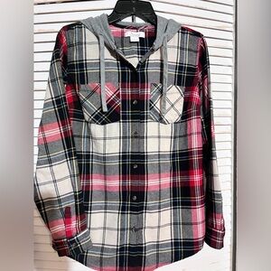 Bass Pro Shop Plaid Hooded Cotton Flannel Ladies Shirt Jacket - Red, Black